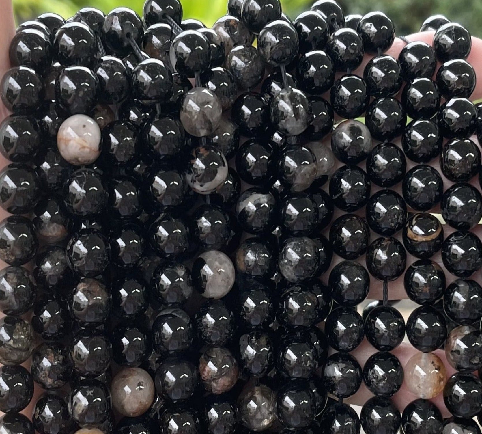 Black Tourmaline in Quartz and Iron Matrix 10mm round natural gemstone beads 15.5" strand - Oz Beads 