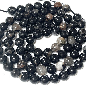 Black Tourmaline in Quartz and Iron Matrix 10mm round natural gemstone beads 15.5" strand - Oz Beads 