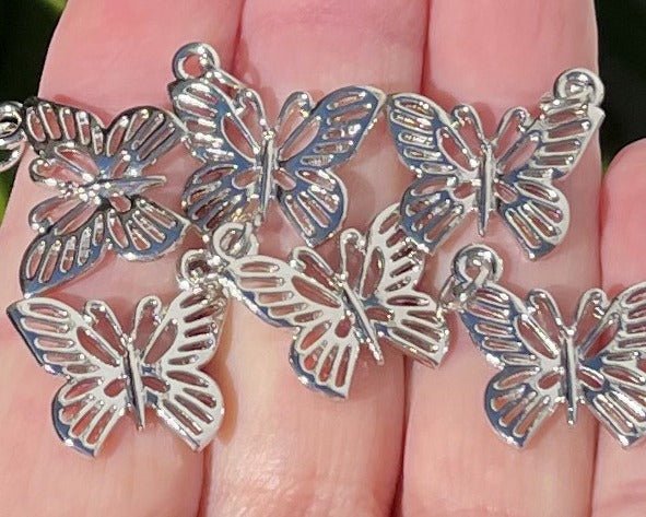 Butterfly charm 18x19mm platinum silver plated metal alloy pendant - Oz Beads 