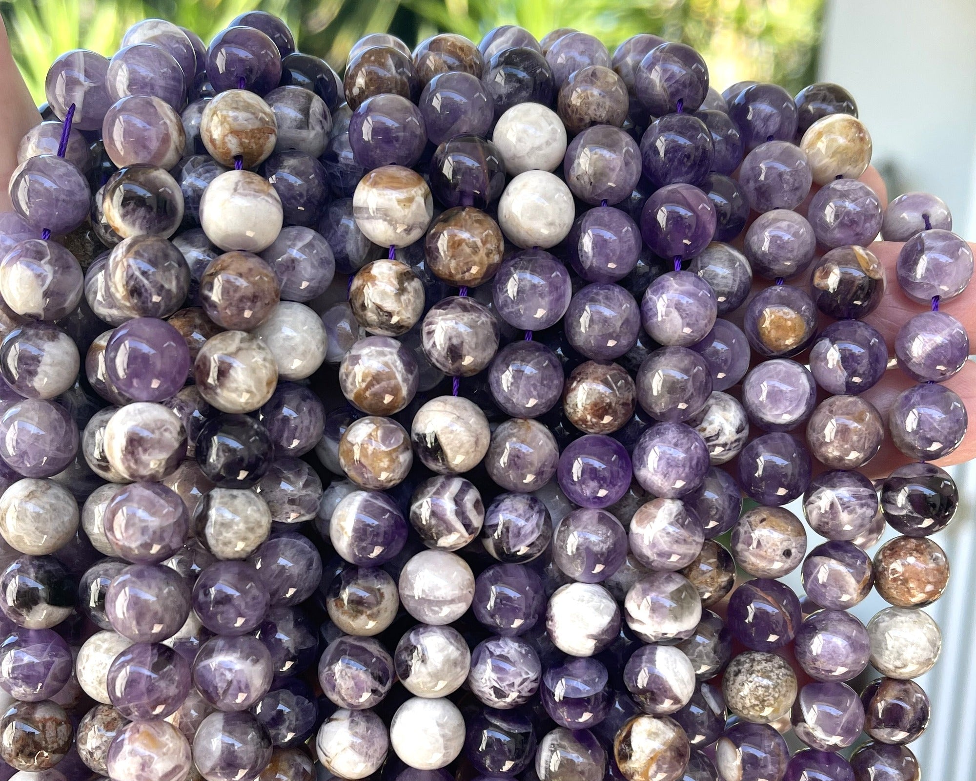 Flower Amethyst 10mm round natural gemstone beads 15.5" strand - Oz Beads 