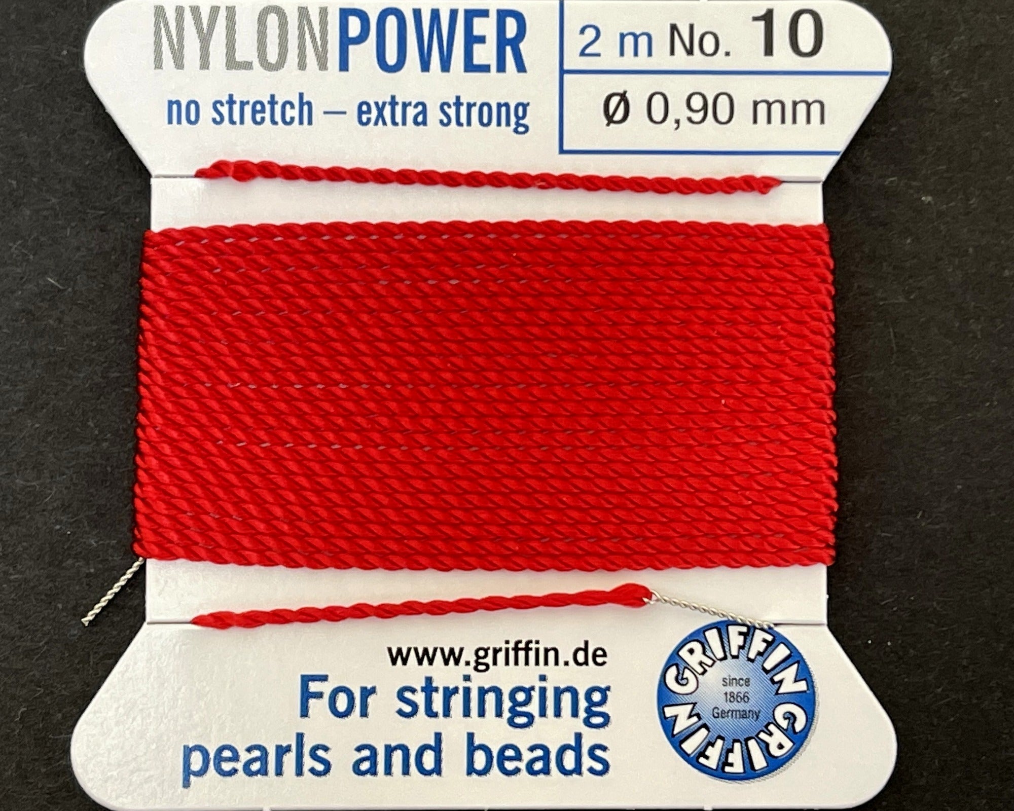 Griffin Nylon Power beading cord with needle, size #10 - 0.9mm, 2 metre - Oz Beads 