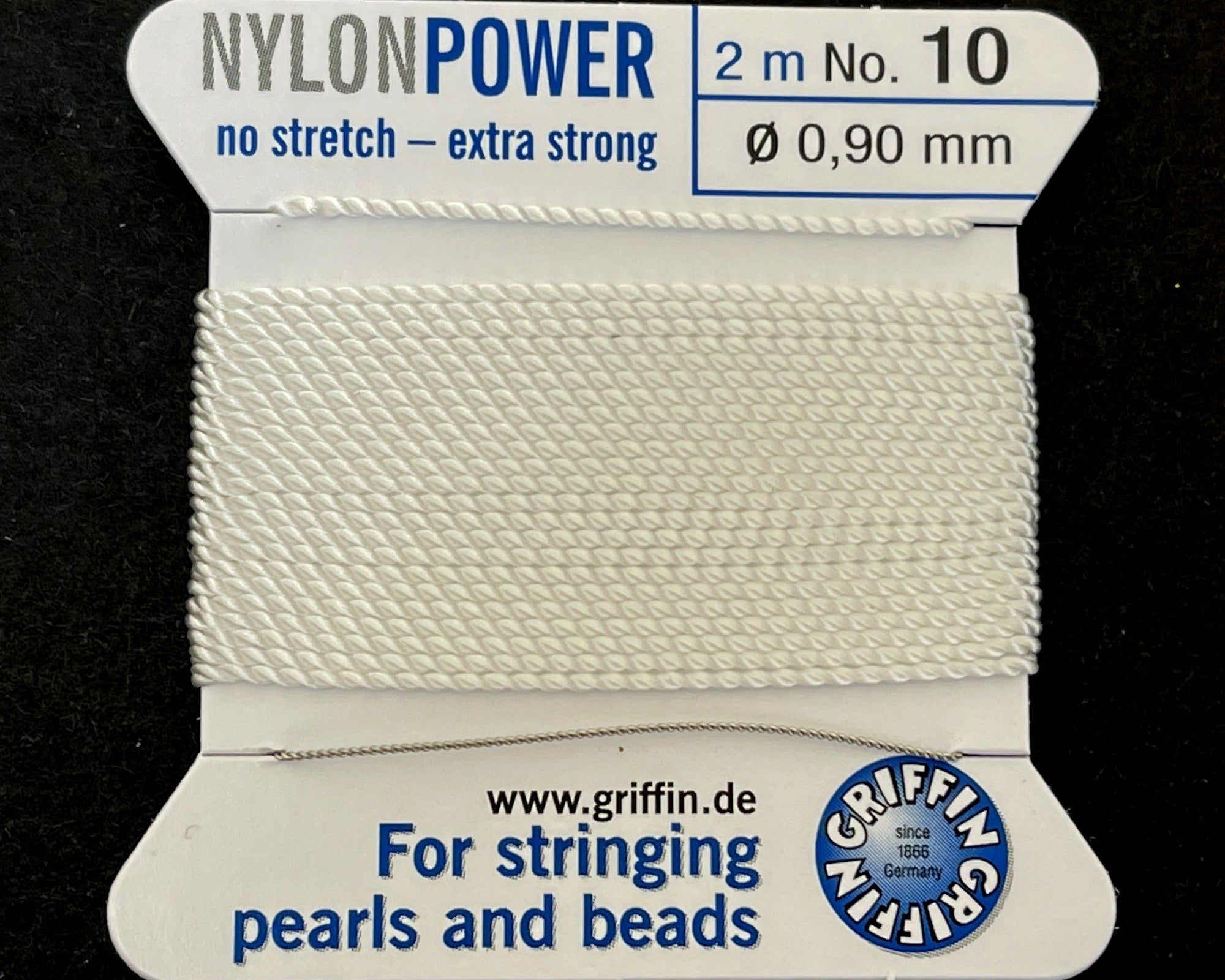 Griffin Nylon Power beading cord with needle, size #10 - 0.9mm, 2 metre - Oz Beads 