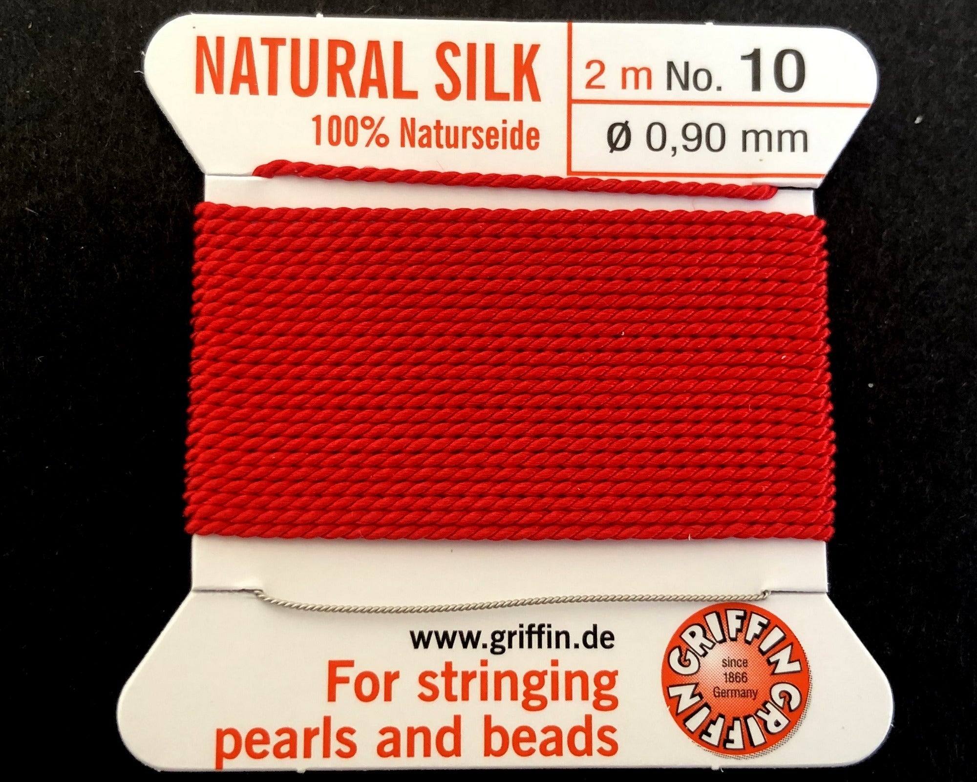Griffin Silk beading cord with needle, size #10 - 0.9mm, 18 color choice, 2 meter - Oz Beads 
