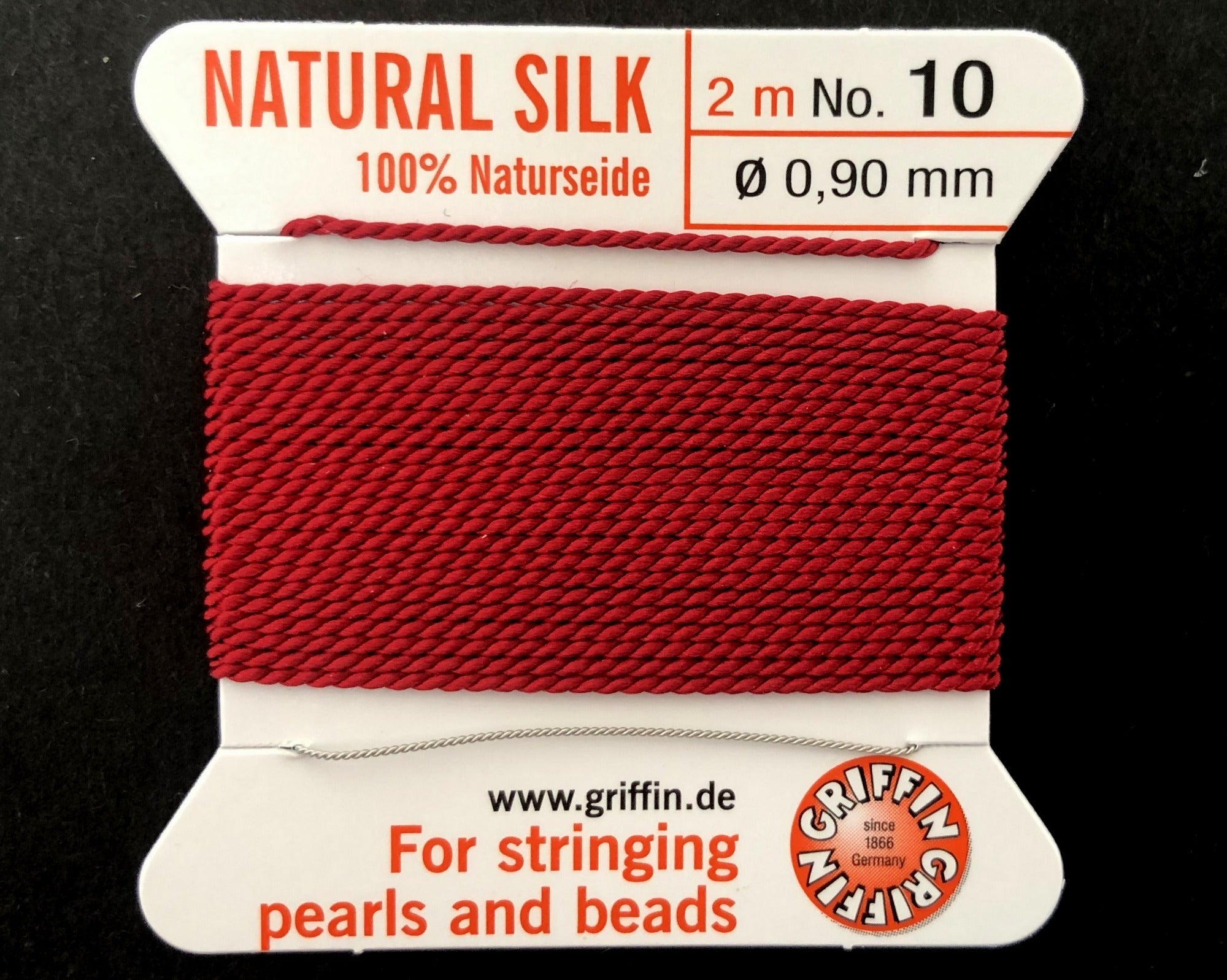 Griffin Silk beading cord with needle, size #10 - 0.9mm, 18 color choice, 2 meter - Oz Beads 