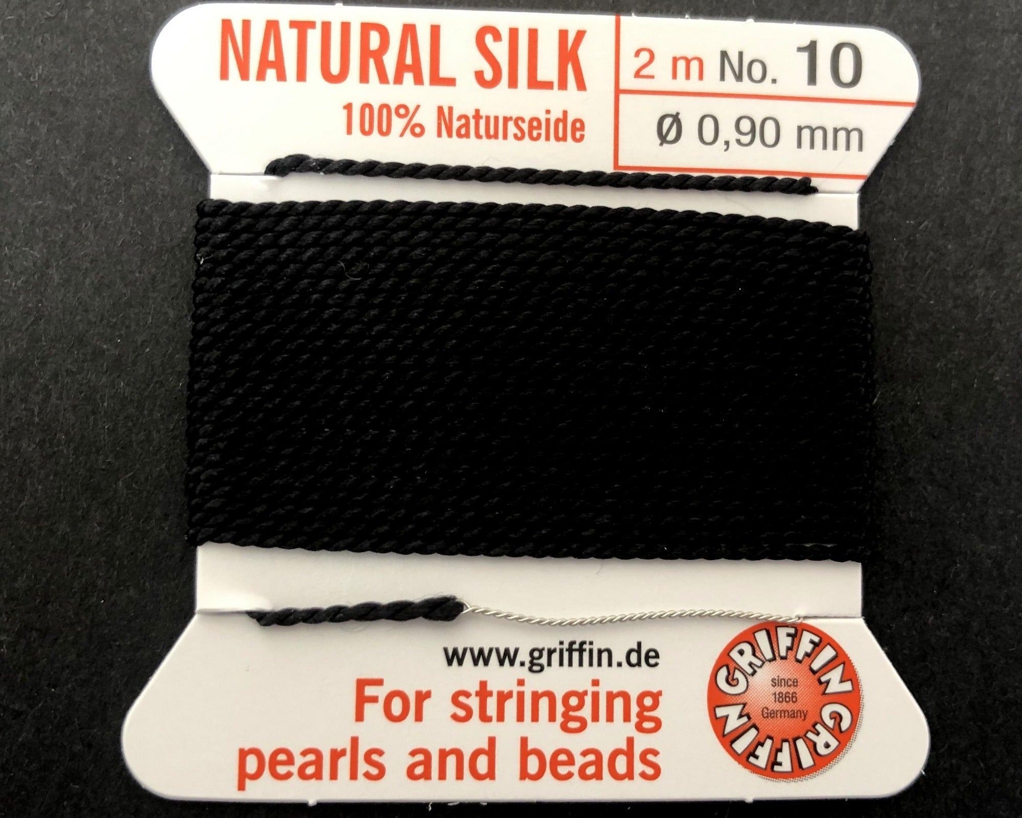 Griffin Silk beading cord with needle, size #10 - 0.9mm, 18 color choice, 2 meter - Oz Beads 