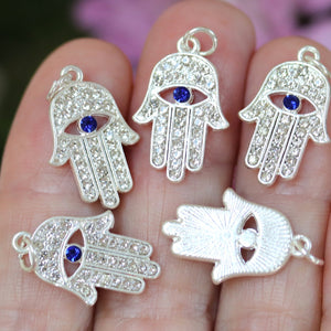 Hamsa Hand charm 13x20mm sparkly silver plated pave crystal with Rhinestone - Oz Beads 