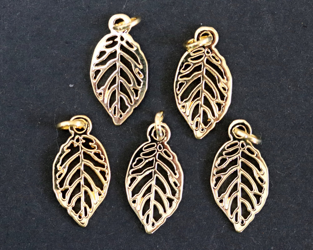 Leaf charm 10x19mm 14K Gold plated metal alloy pendant charm - Oz Beads 