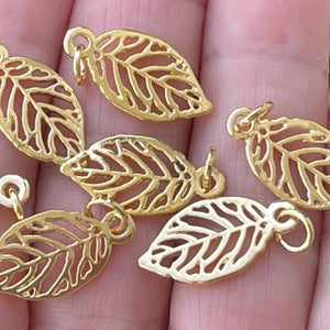 Leaf charm 10x19mm 14K Gold plated metal alloy pendant charm - Oz Beads 