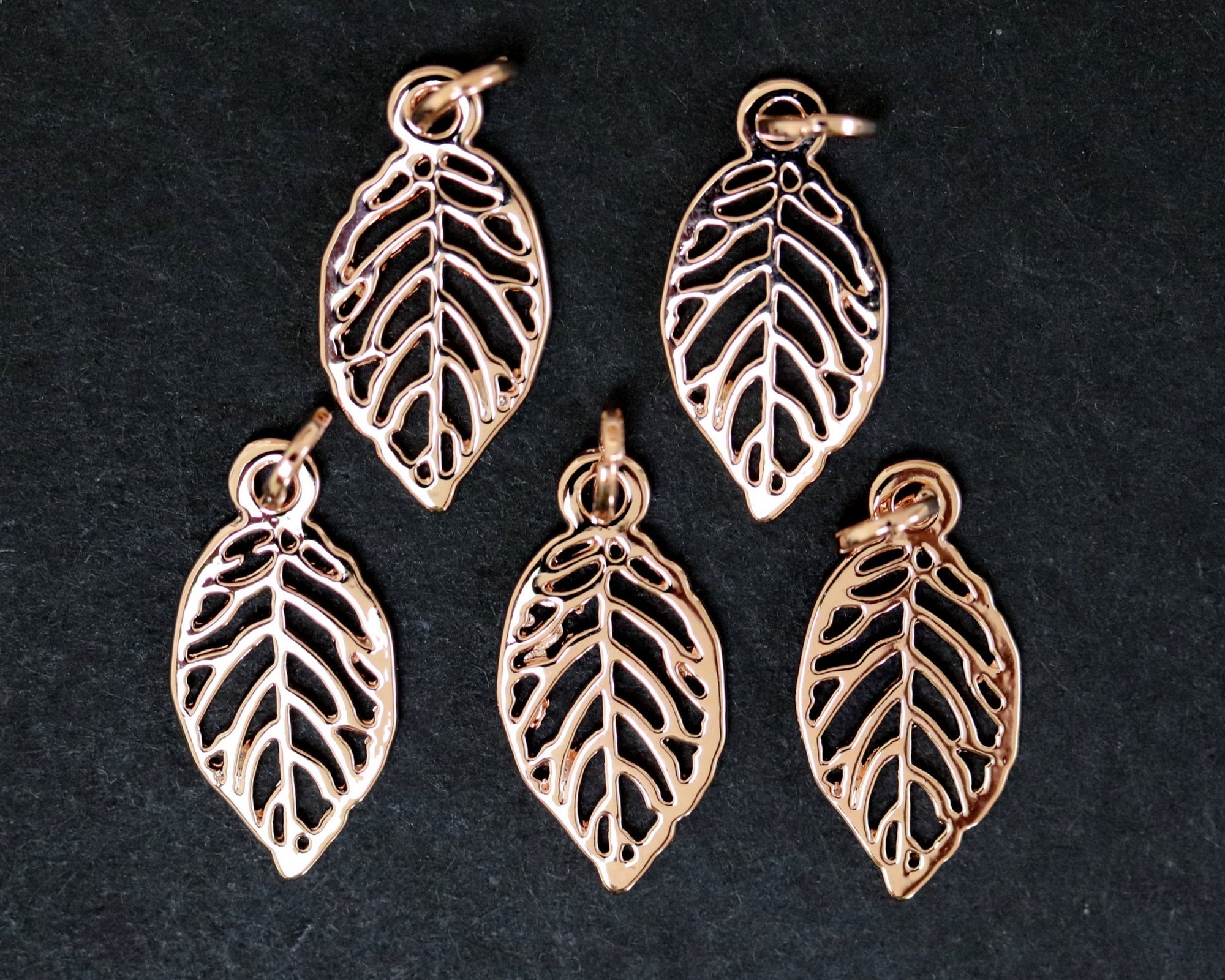 Leaf charm 10x19mm 14K Rose Gold plated metal alloy pendant charm - Oz Beads 