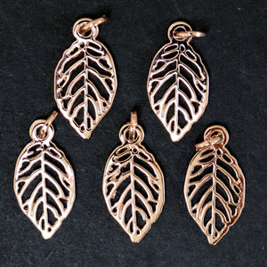 Leaf charm 10x19mm 14K Rose Gold plated metal alloy pendant charm - Oz Beads 