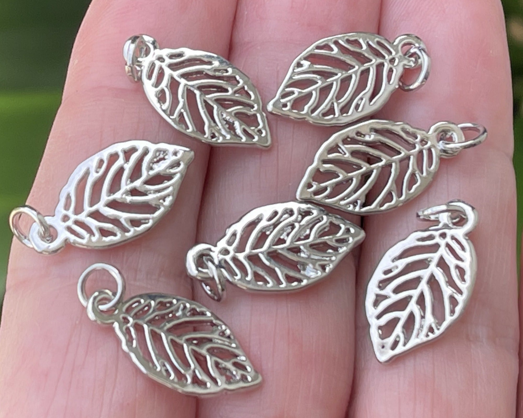 Leaf charm 10x19mm platinum silver plated metal alloy pendant charm - Oz Beads 