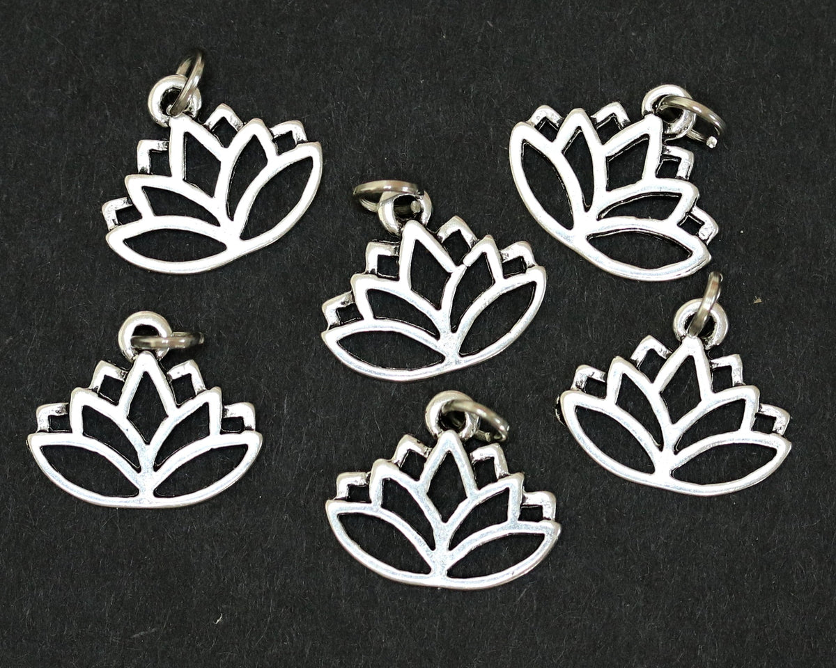 Lotus charm 14x16mm antique silver plated metal alloy pendant - Oz Beads 