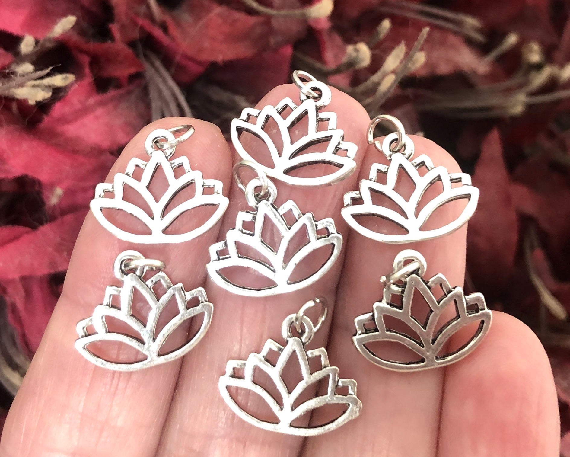 Lotus charm 14x16mm antique silver plated metal alloy pendant - Oz Beads 