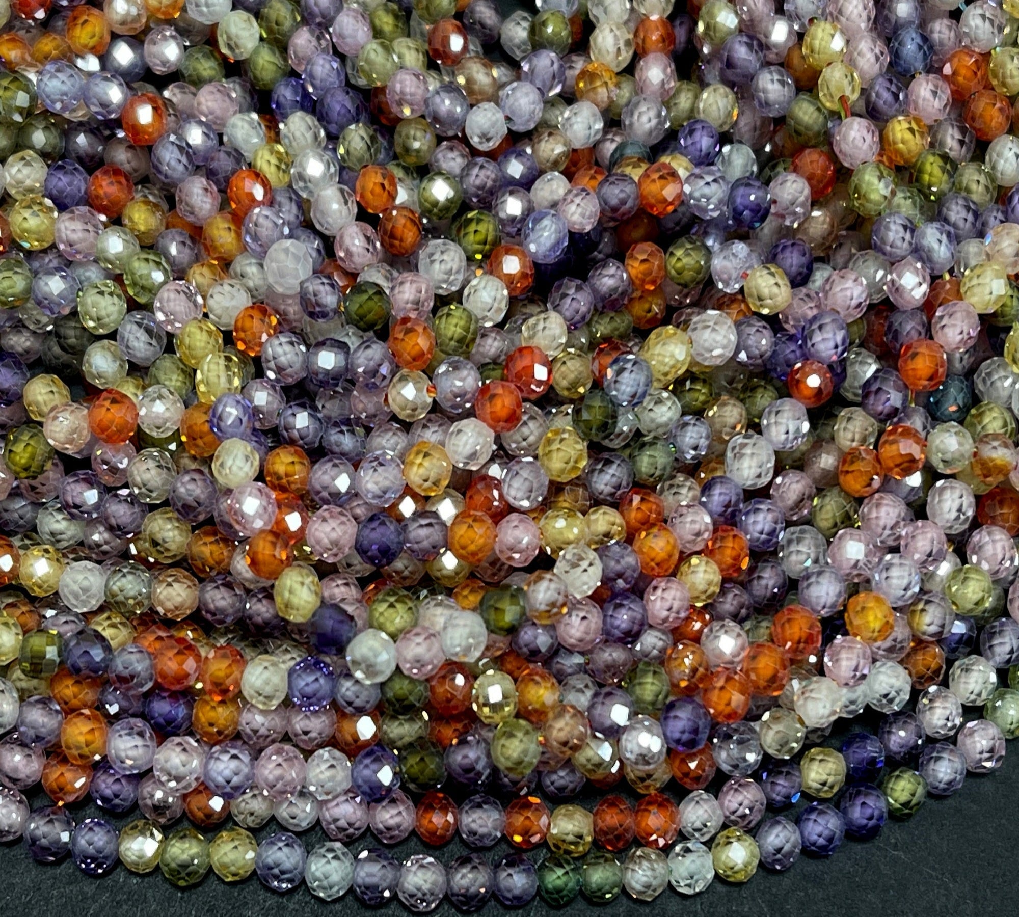 Multi color Zircon beads, 3mm round micro faceted sparkling CZ beads 15" strand - Oz Beads 