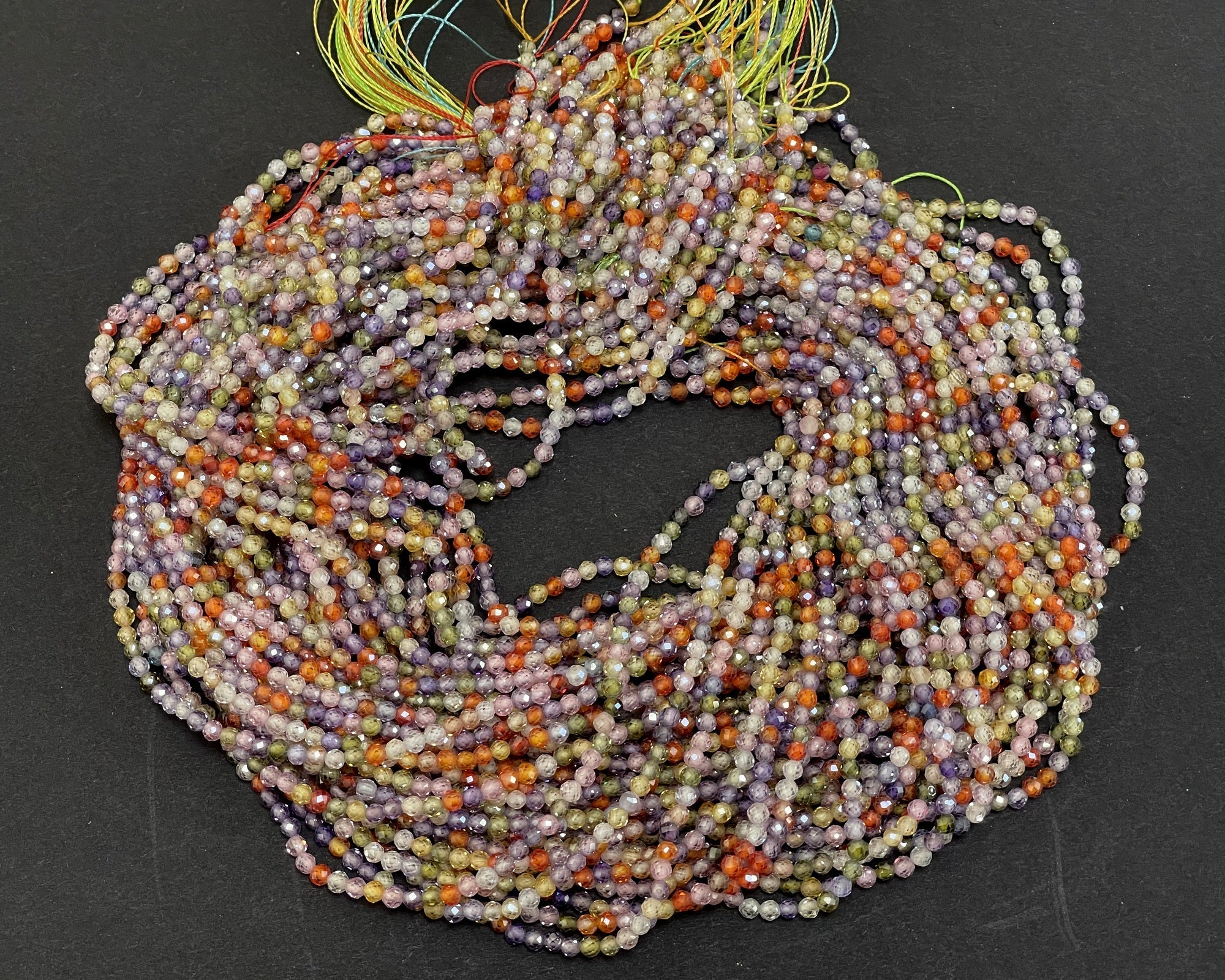 Multi color Zircon beads, 3mm round micro faceted sparkling CZ beads 15" strand - Oz Beads 