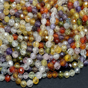 Multi color Zircon beads, 4mm round micro faceted sparkling CZ beads 15" strand - Oz Beads 