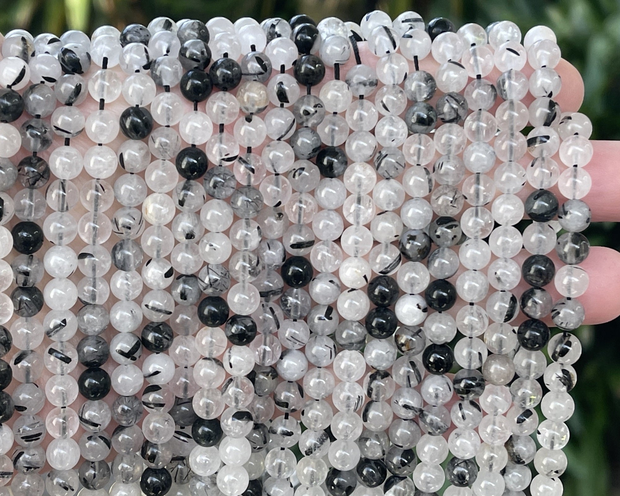 Black Tourmaline Rutilated Quartz 6mm round natural gemstone beads 15.5" strand - Oz Beads 