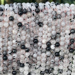Black Tourmaline Rutilated Quartz 6mm round natural gemstone beads 15.5" strand - Oz Beads 