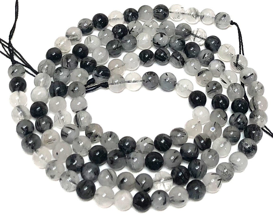 Black Tourmaline Rutilated Quartz 6mm round natural gemstone beads 15.5" strand - Oz Beads 
