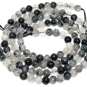 Black Tourmaline Rutilated Quartz 6mm round natural gemstone beads 15.5" strand - Oz Beads 