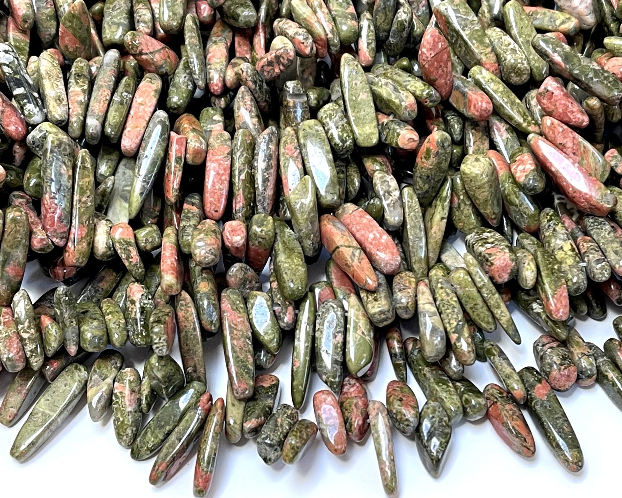 Unakite top drilled tooth stick dagger beads 15" strand - Oz Beads 