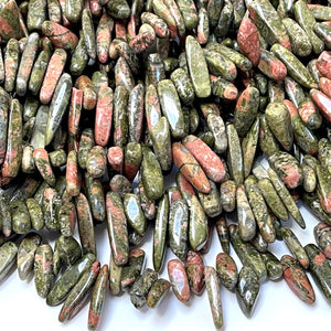 Unakite top drilled tooth stick dagger beads 15" strand - Oz Beads 