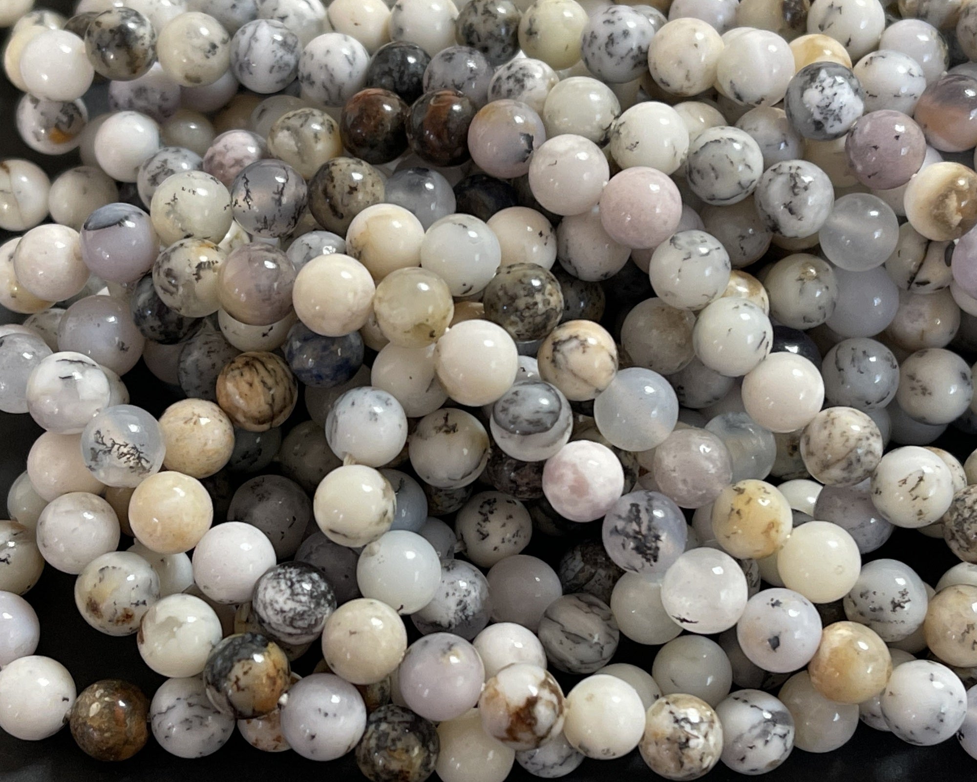White Dendritic Opal 6mm round natural gemstone beads 15" strand